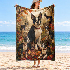 Autumn Boston Terrier Coral Fleece Blanket Woodland Pet Decor