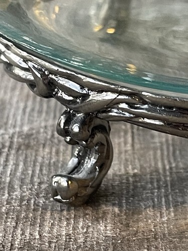 Glass bowl Ornate footed Pewter base hanging floral/hummingbird Rim Potpourri - Picture 3 of 8
