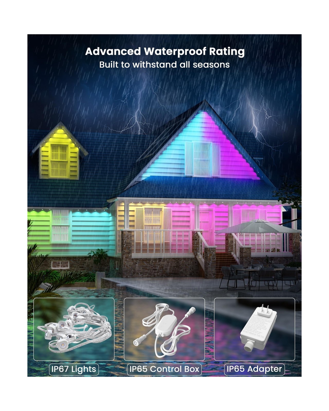 Gefolly Permanent Outdoor Lights Pro, 100ft with 60 RGBW Double-LED Lights 11...