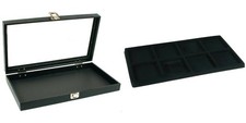 Black Glass Top Jewelry Case w/ 1 Black 8-Slot Plastic Tray Single metal latch