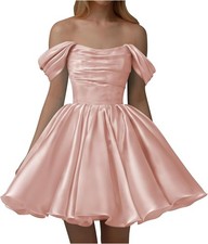 Off Shoulder Satin Homecoming Dresses for Teens Pleated Prom Cocktail Party Gown