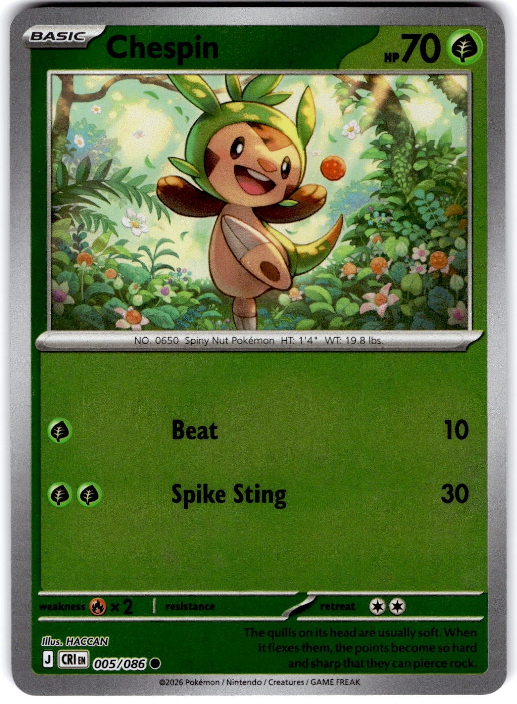 Pokemon Chespin Chaos Rising 5/86 Reverse Holo Near Mint English