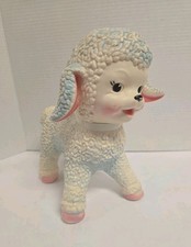1961 Sun Rubber Co Blue Lamb Squeak Toy. Head Turns. Rollers Under Feet. CUTE