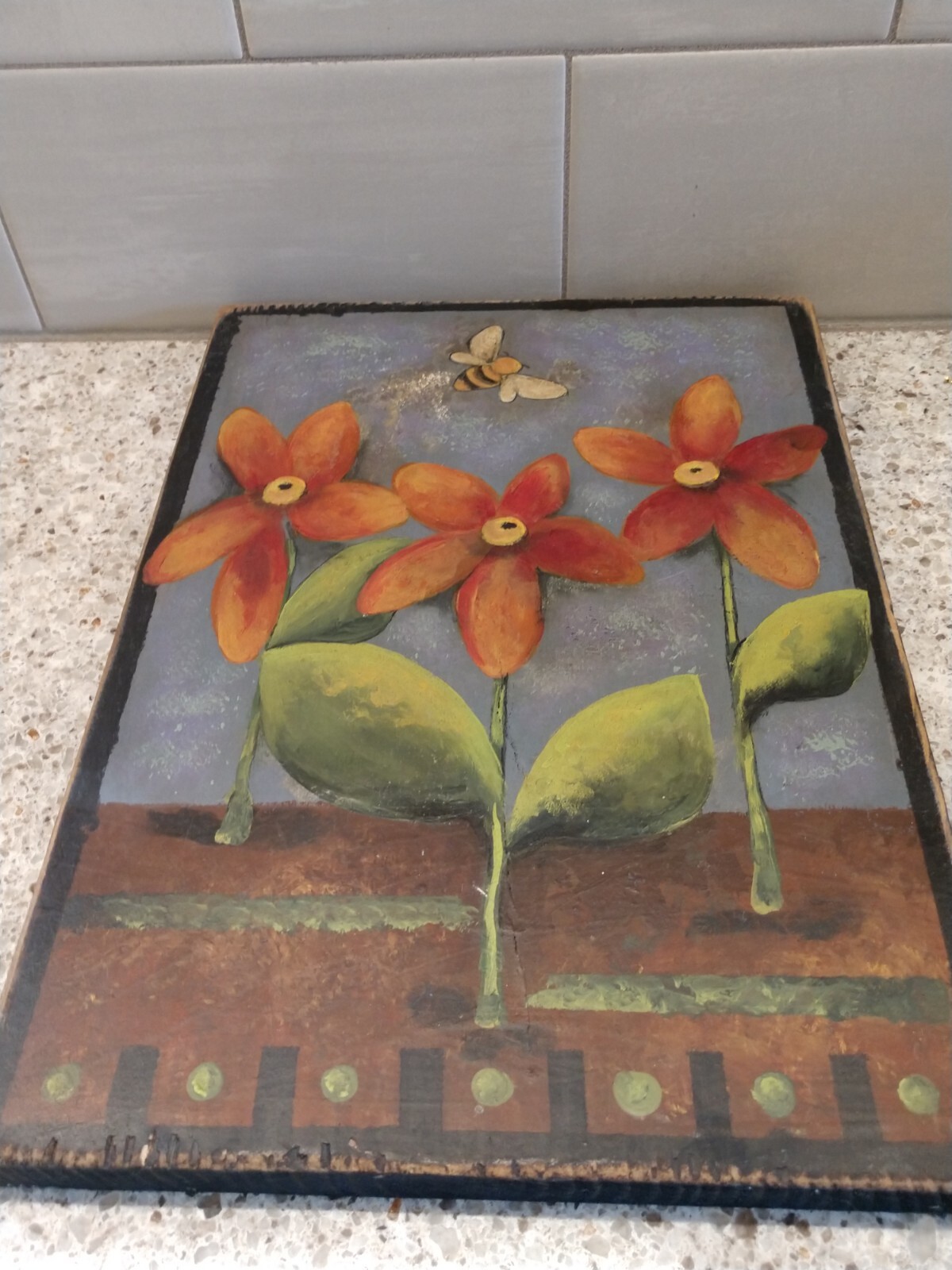 Spring Flowers With Bee, Painted On Wood.