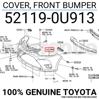 521190U913 Genuine Toyota COVER, FRONT BUMPER 52119-0U913 | eBay