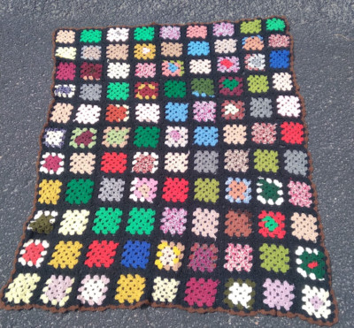 Vintage Granny Square Blanket Handmade Boho 54 x 42 Roseann Crochet Black Pink