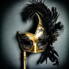 Venetian Side Feather Masquerade Mask Handheld Stick Ball Party Face Mask Gold