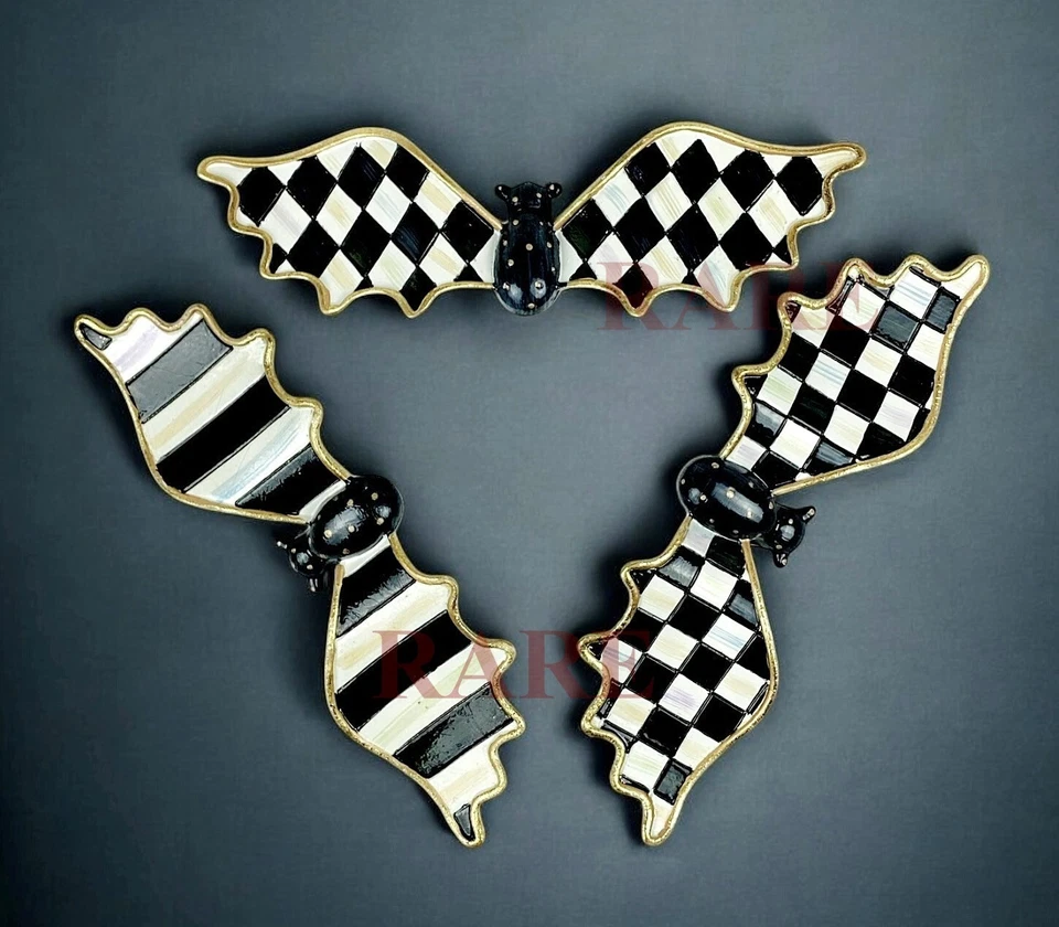 MacKenzie-Childs Courtly Check & Stripe Pequeño Pared Murciélagos Juego de 3 Nuevos Sin Caja Foto 4 de 4