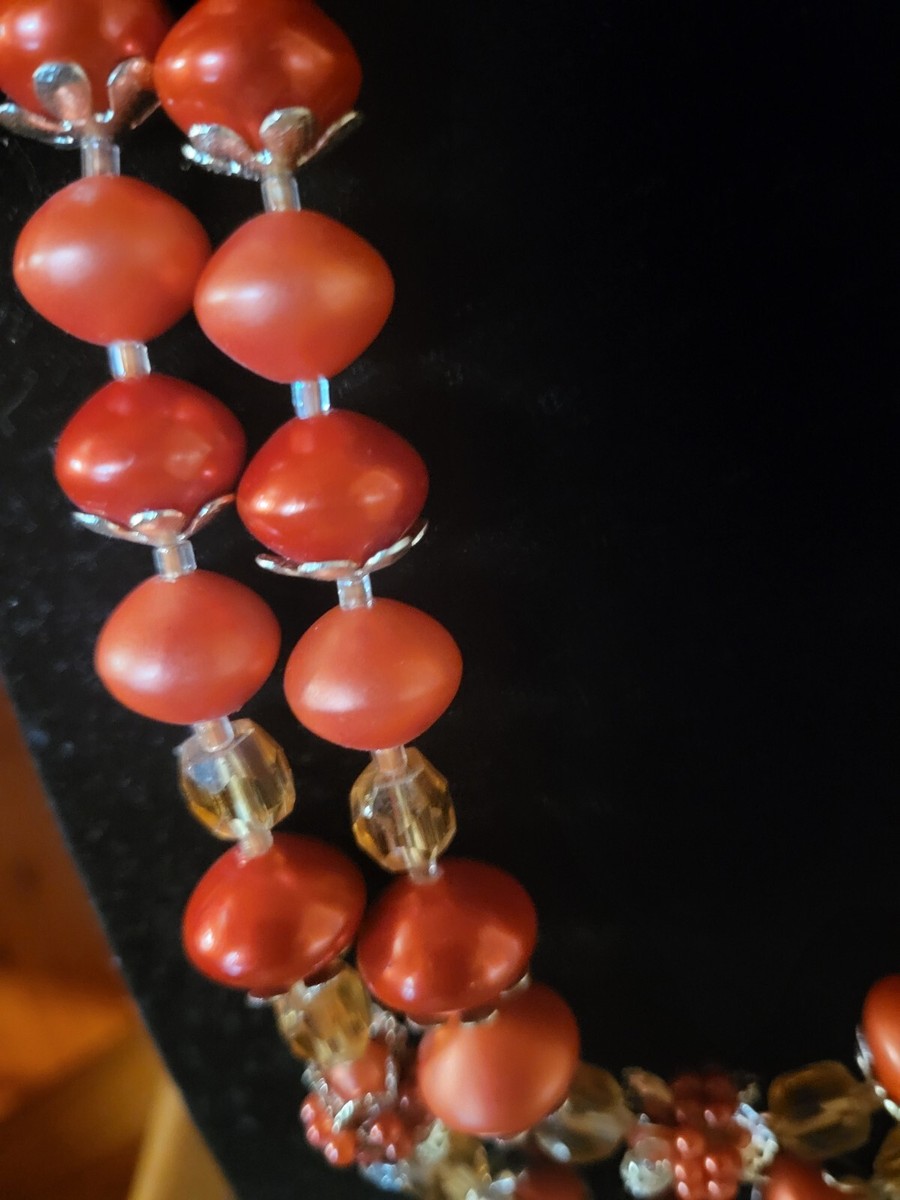 Vintage Retro JAPAN Orange Two Strand Beaded 19