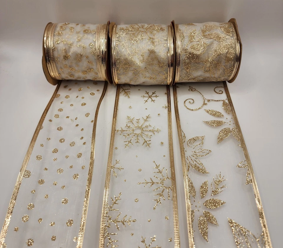 Рождественский праздник проводной органзы ленты светло-золотой -2-1/2 дюйма 6 рулонов 6 ярдов - Изображение 2 из 4