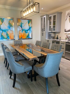 Custom Walnut Smokey Gray Clear Resin Table Walnut Dining Table, Live Edge Table