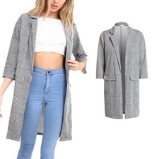 Ladies 3/4 Sleeve Open Front Smart Office Straight Cut Long Duster Blazer Jacket