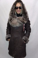 BROWN 100% Long Hair Toscana Sheepskin Shearling Leather Coat Jacket Hood XS-7XL