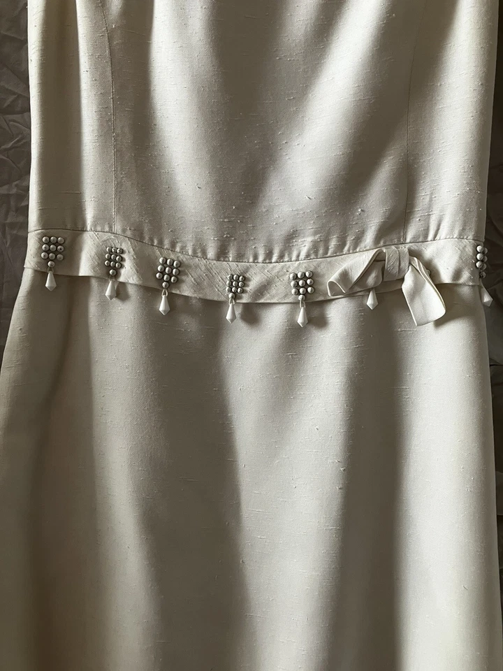 Melbray of London 复古 60 年代白色亚麻垂珠腰部 Mod 连衣裙内衬 S 码 — 第 3/4 张图片