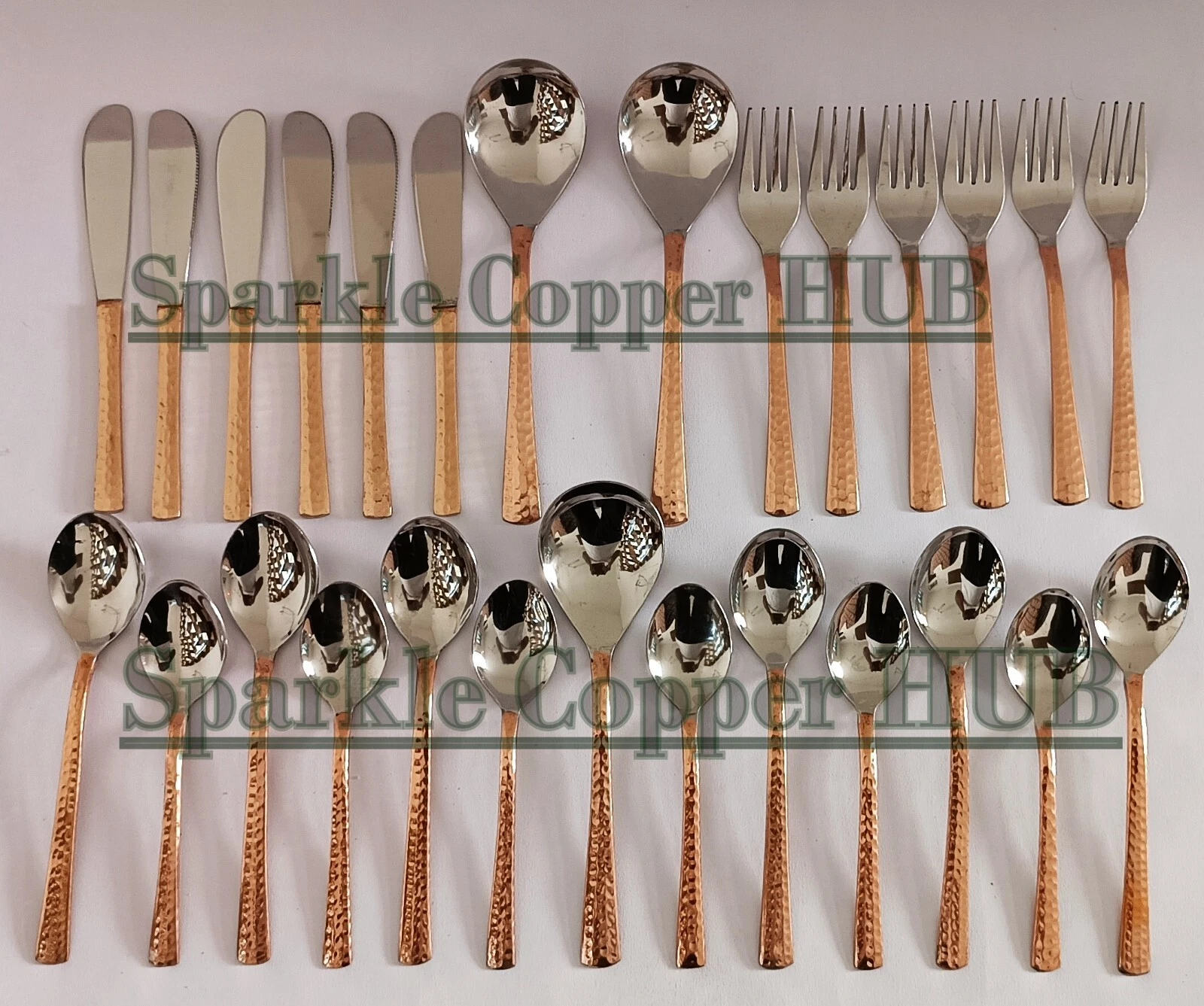 Vintage Pure Copper Stainless Steel Flatware Silverware 27 Piece Cutlery Sets