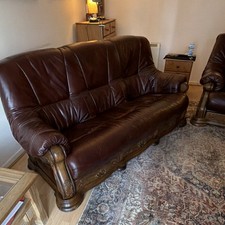 Leather Brown Sofa with Wooden Base & Storage, 195cm L x 90cm W x 90cm H