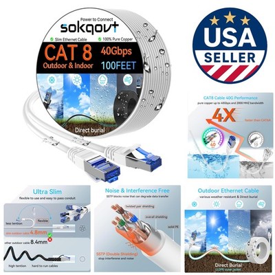 Cat 8 Ethernet Cable 100ft - High-Speed, Weatherproof Design for Gaming & More