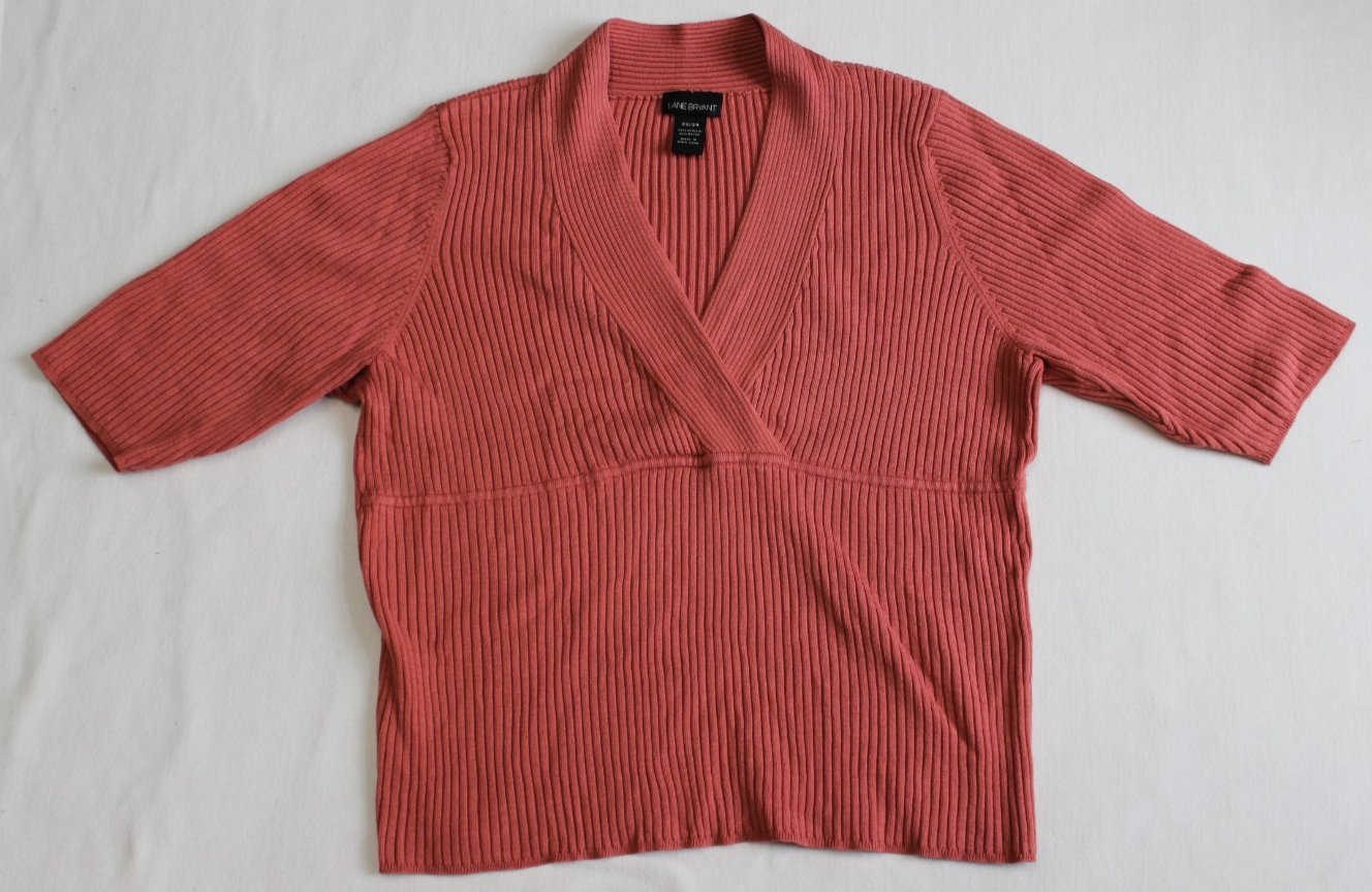 VTG Lane Bryant Women's Sweater Size 22/24 Coral Corded 3/4 Sleeve Faux Wrap