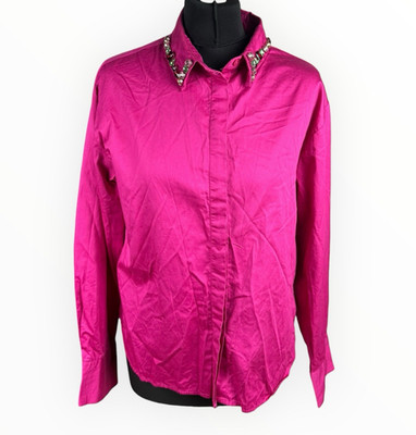 Primark Pink Shirt Top Women s UK Size 14 Long Sleeve Cotton Rhinestone Collar