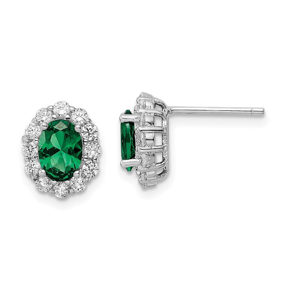 Sterling silver oval stud earrings with green and white cubic zirconia, 2.32 grams