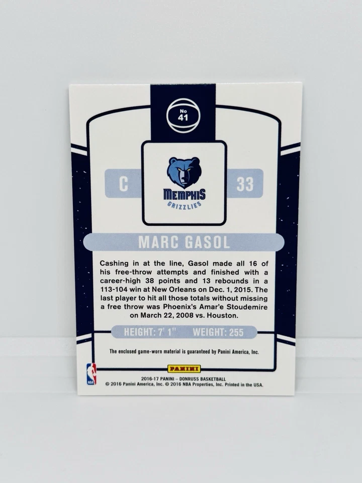 2016-17 Donruss MARC GASOL 球衣系列布贴 Prime /10 灰熊队 #41 — 第 2/2 张图片