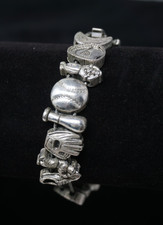 Vintage Tofa Slide Charm Bracelet Softball Baseball Charms 6" Silver Tone BG