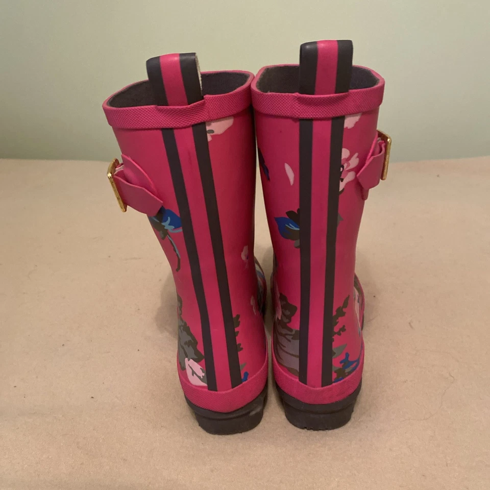 Joules 粉色花卉 Molly We'll 橡胶靴 7 码带金色扣跟 — 第 4/4 张图片