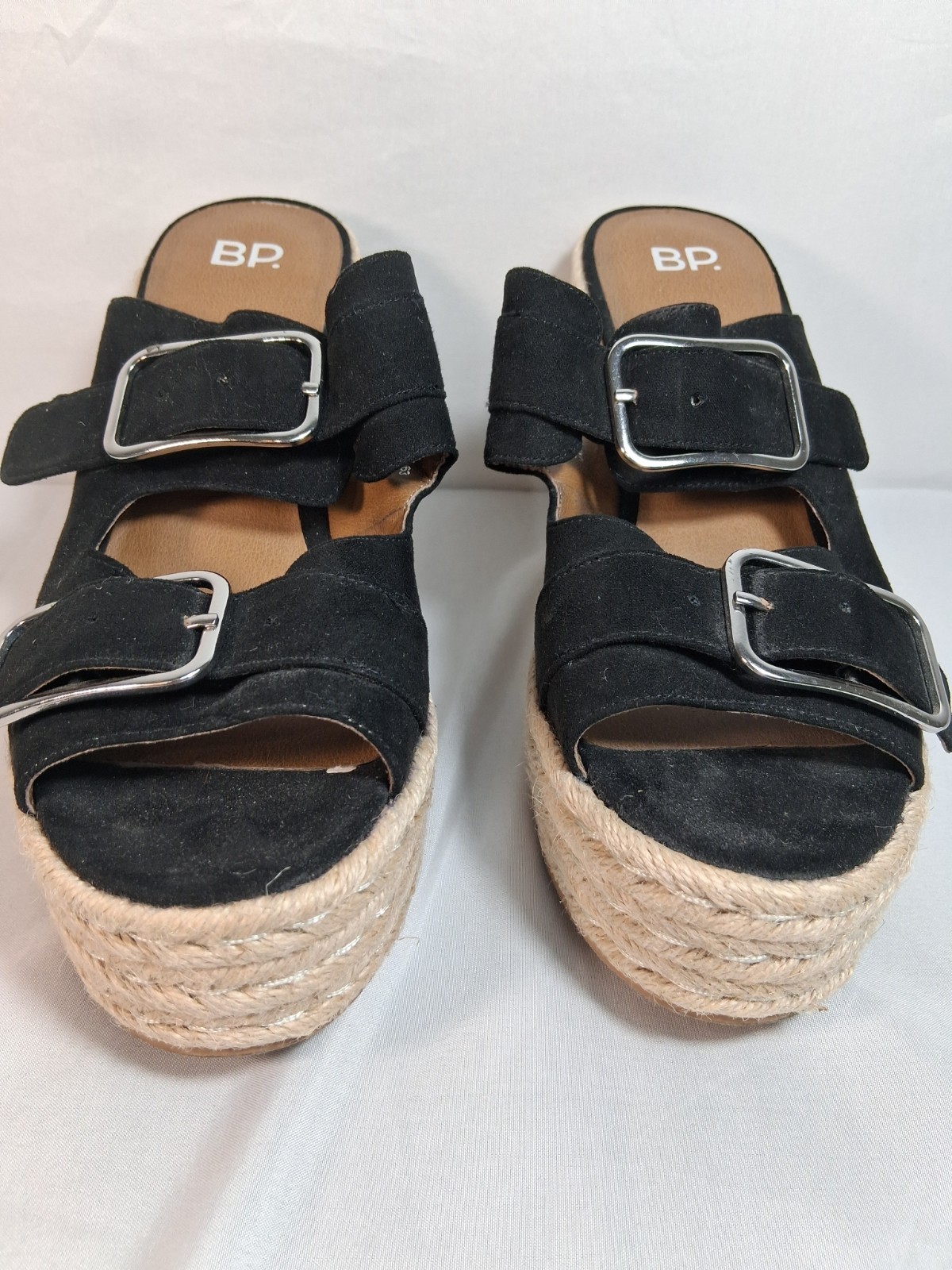Women's Shoes BP Buckle Suede Cork Wedges in Black Size 7.5 Medium Beautiful