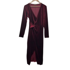 Nashalyly Women Velvet Wrap Dress M Burgundy Long Sleeve Front Slit Luxe Holiday