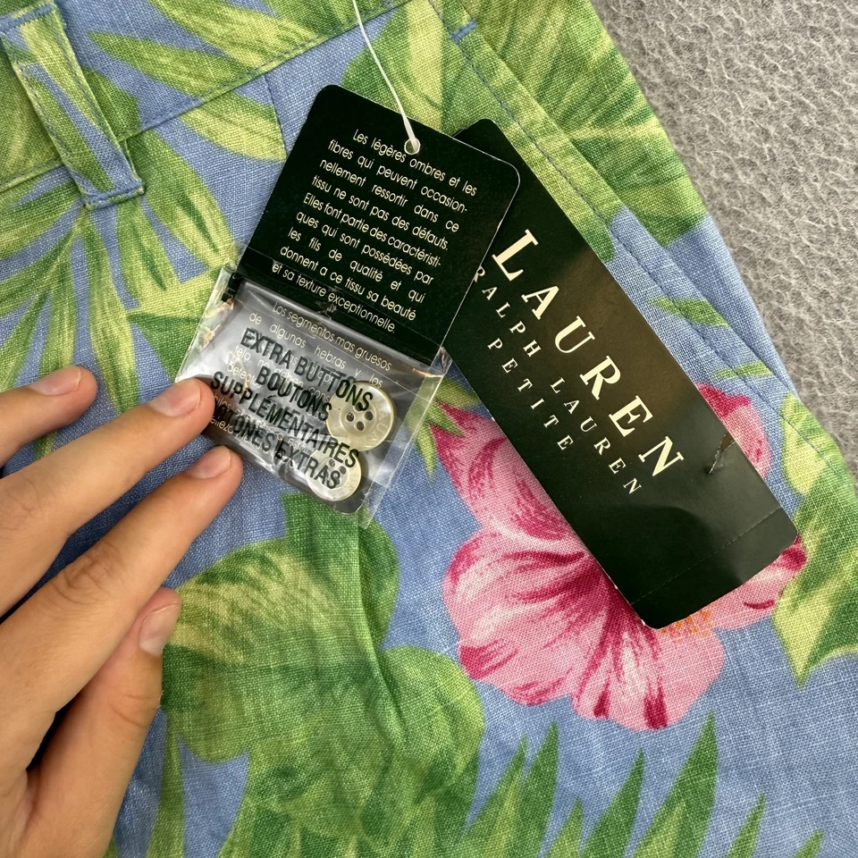 Pantalones Cortos Lauren Ralph Lauren Para Mujer 2P Azul Floral Lino Tiro Alto Bolsillo Tropical Foto 4 de 4