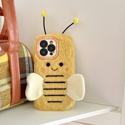 For iPhone Samsung Huawei Honor Case 3D Warm Fluffy Plush Little Bee Phone Cover