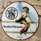 VINTAGE SMITH & WESSON FIREARMS GUNS AMMUNITION 12 INCH PORCELAIN ENAMEL SIGN