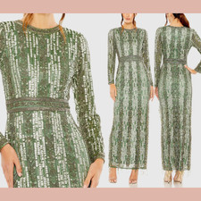 NEW MAC DUGGAL [ 10 ] 5981 High Neck Long Sleeve Crystal Fring Column Gown S1985