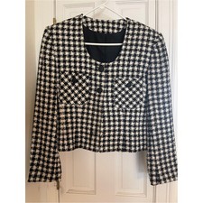 Black  White Tweed Cropped Blazer - Women's Classic Jacket