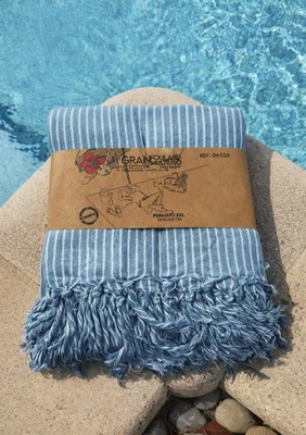 Grande serviette plage XXL 210x240 cm –fouta familiale coton mélangé–bleu neuve - Photo 1/3