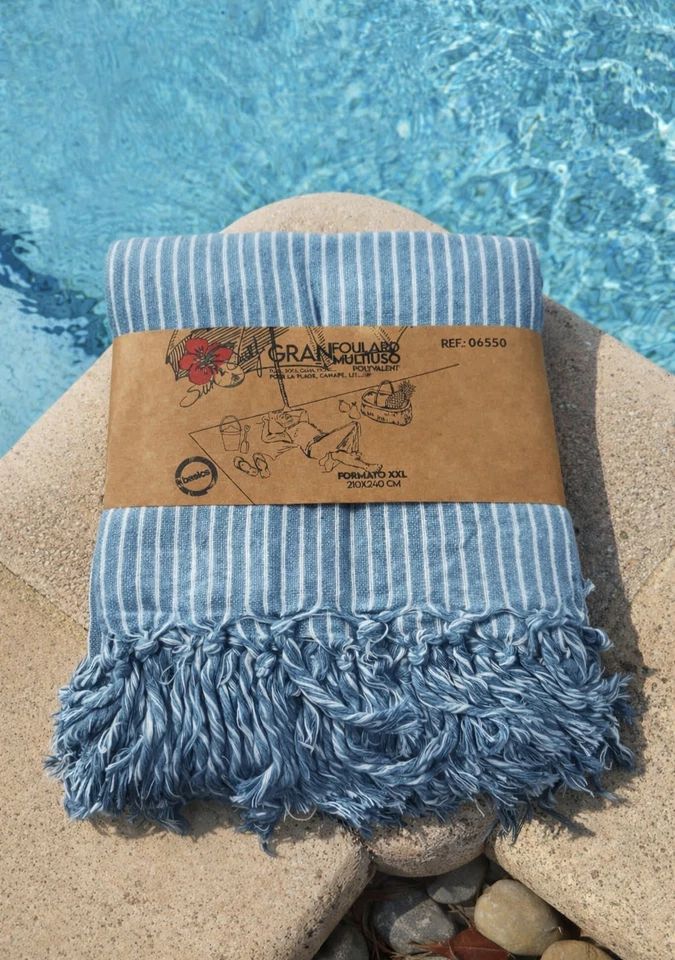 Fouta XXL plage 210x240 cm –serviette bohème coton mélangé – neuve -Couleur Bleu - Photo 1/3