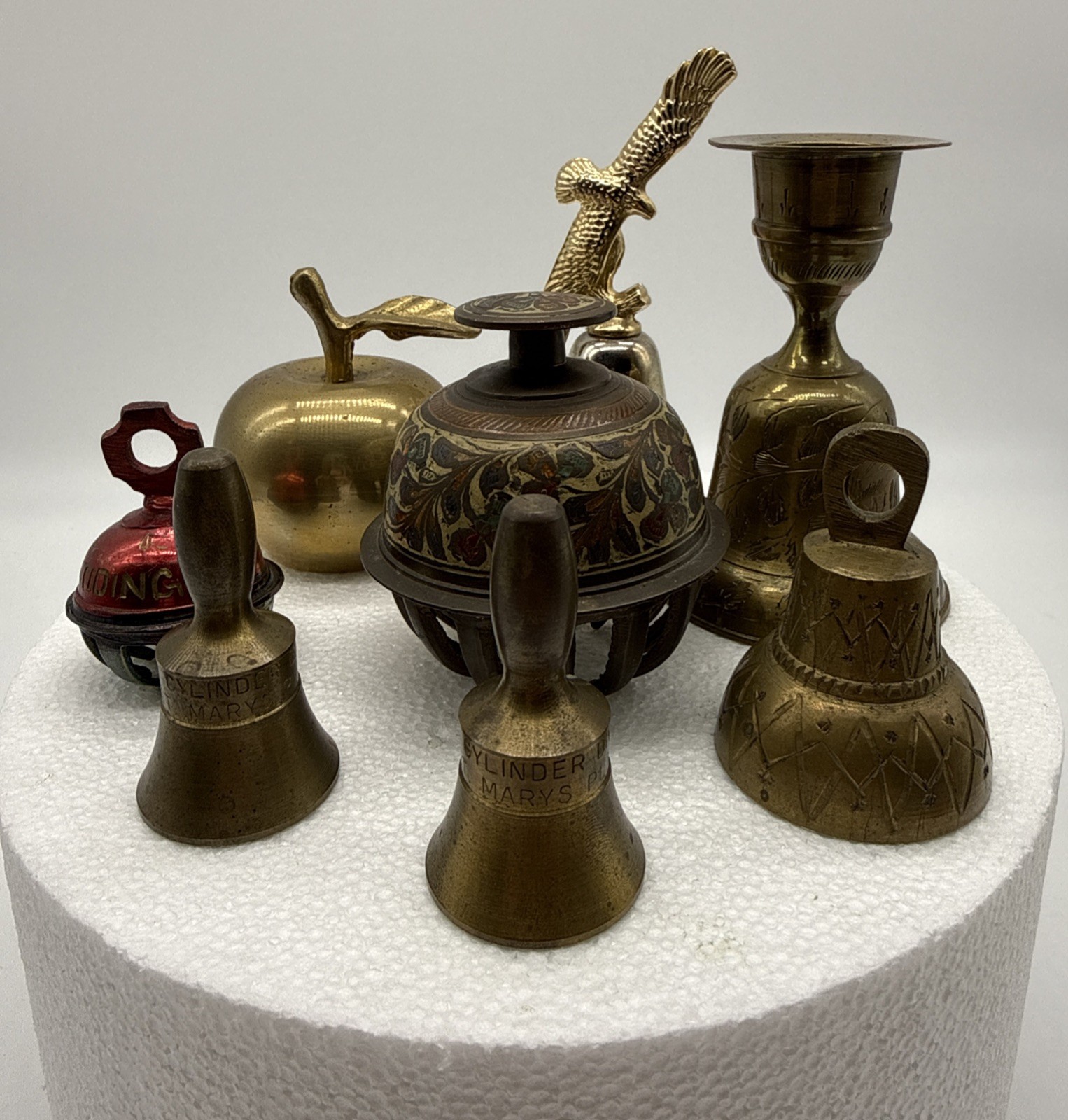 Lot of 8 Brass Bells.  All Unique  shapes, Subjects and sizes