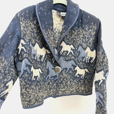 Hokus Pokus Cardigan Sweater Womens M Blue Horse Western Cropped Knit Jacket