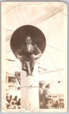 Vtg B&W Snapshot Man in Suit Sitting in Ship Ventilator Funnel Deck 1922
