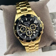Bulova Marine Star 98B406 Black Dial Gold Strap Men's Chronograph Quartz Watch