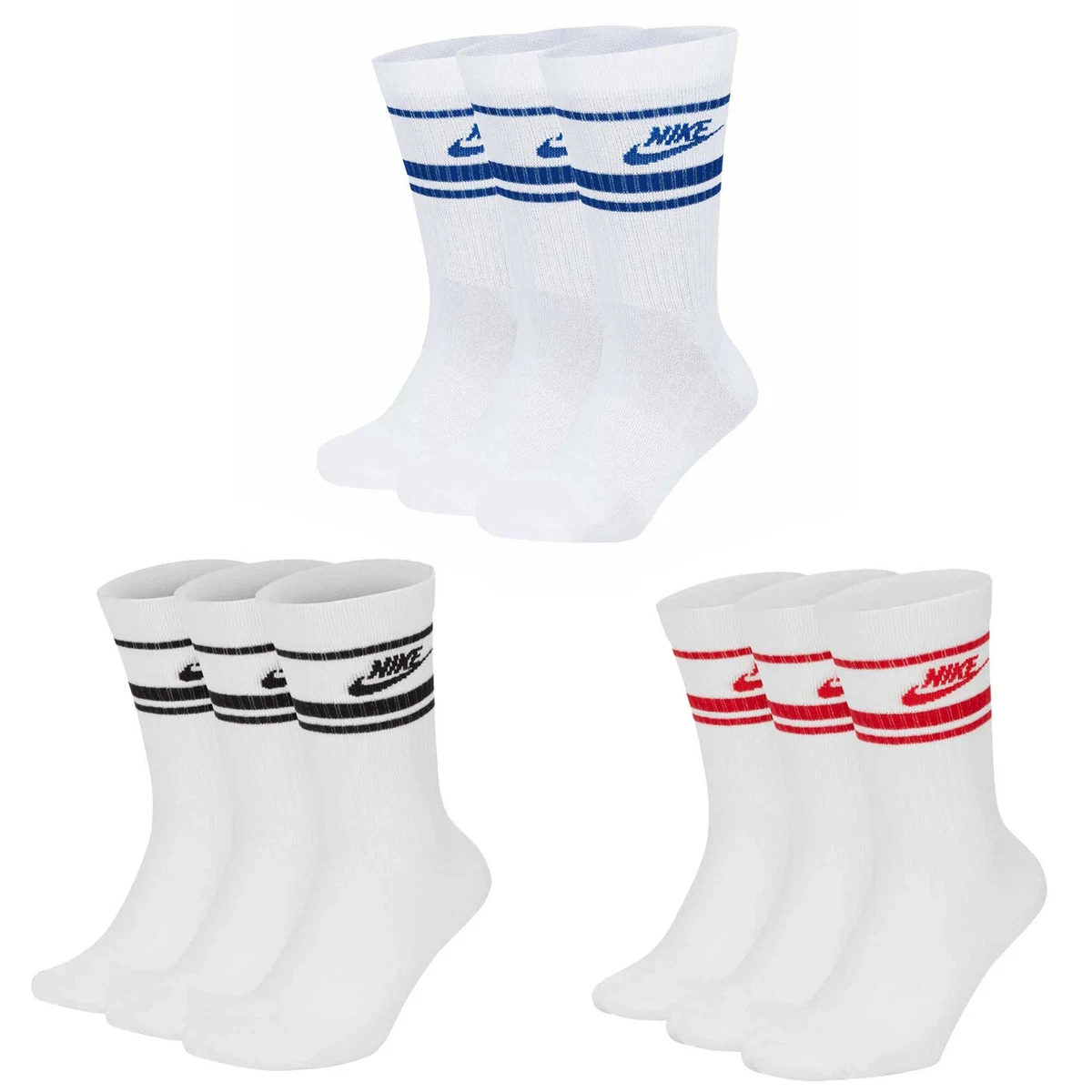 NIKE Unisex 3er Pack Sportsocken - Everyday Essential Stripe, einfarbig Weiß/...