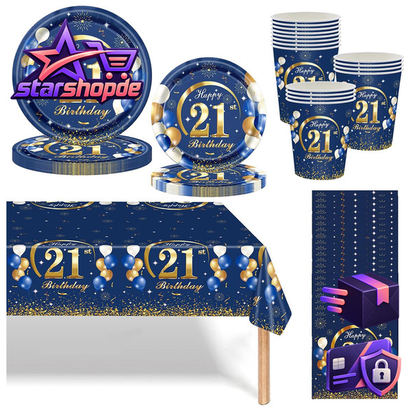 Partygeschirr Set 21. Geburtstag Blau Gold 69 StüCk Pappteller Becher-image