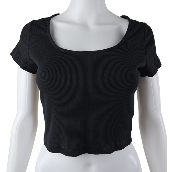 Lily Loves Womens Black Ribbed Crop Top Size 10 Cotton Stretch Baby Tee Scoop