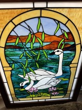 Wood Framed Meyda Lighting Stained Glass Swan...