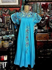 Beautiful Oaxaca Turquoise Dress In Cotton With Multi Color Embroidery M/L