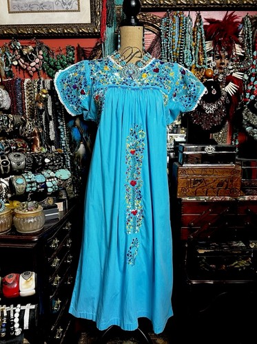 Beautiful Oaxaca Turquoise Dress In Cotton With Multi Color Embroidery M/L