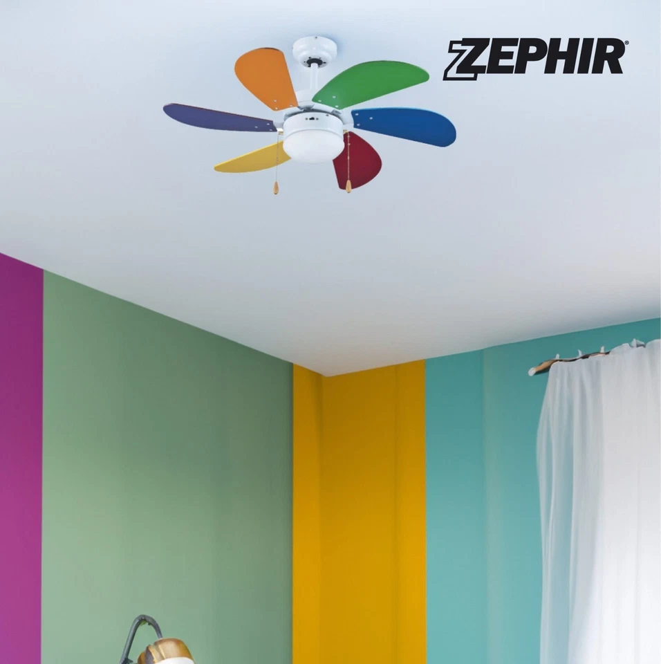 Ventilatore da Soffitto 6 Pale Colorate Lampadario 90cm ZEPHIR zfs690c Bambini - Immagine 4 di 4