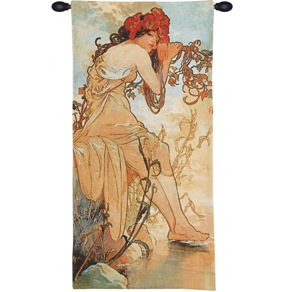 Tenture Murale Mucha Summer I - Art Nouveau, Coton/polyester, Dimensions 18x39 Pouces, Neuve