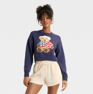 Women's Teddy Bear Flag Graphic Sweater Red White Blue USA XXL Americana