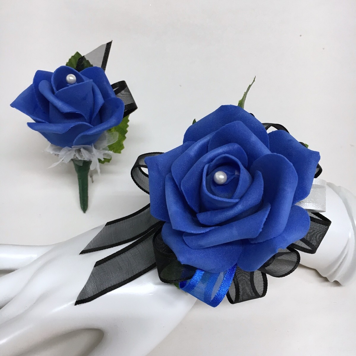 Single Royal Blue Rose on Black Wrist Corsage & Boutonniere